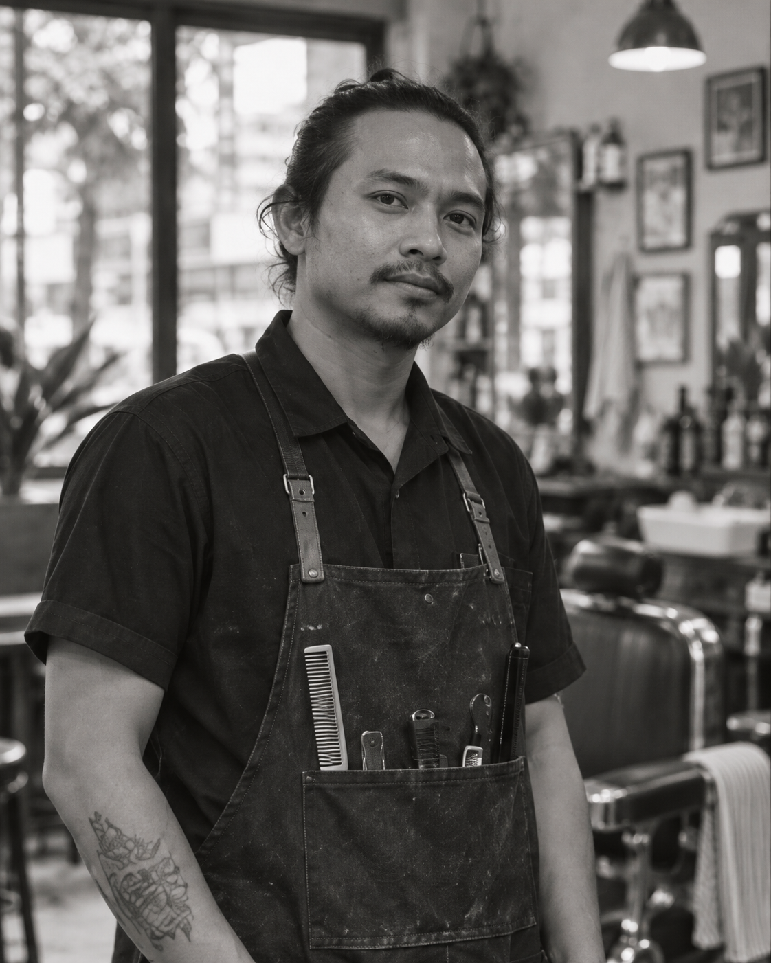 Potret Cesar dengan rambut ikal, kacamata, dan janggut pendek.