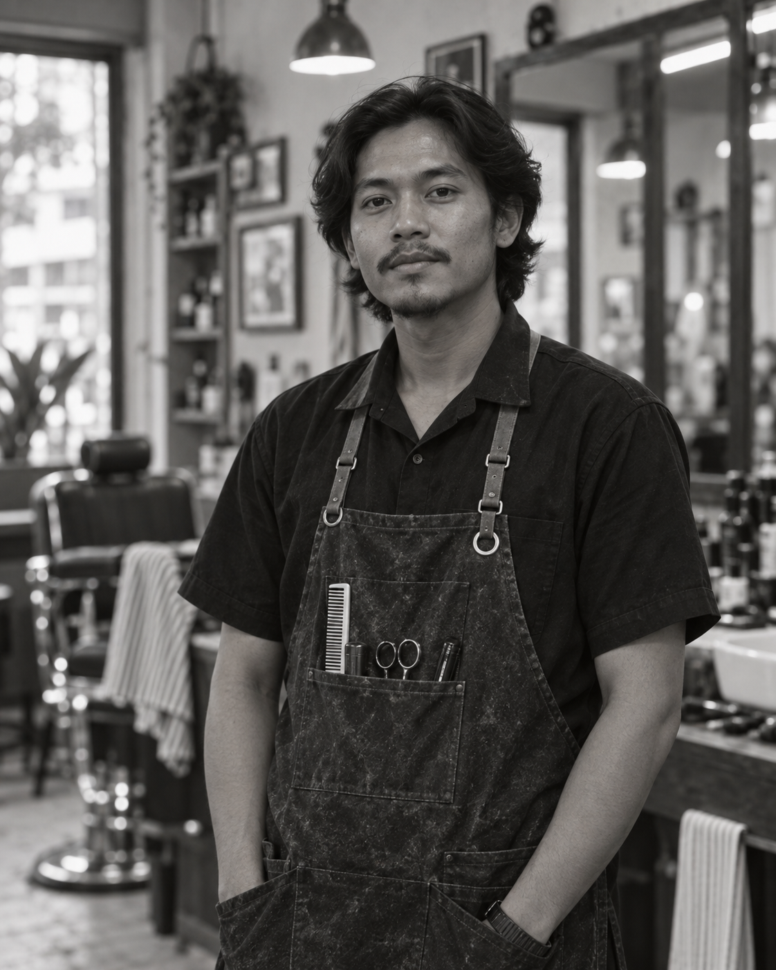 Potret Hamo dengan rambut bergelombang medium dan kemeja gelap.