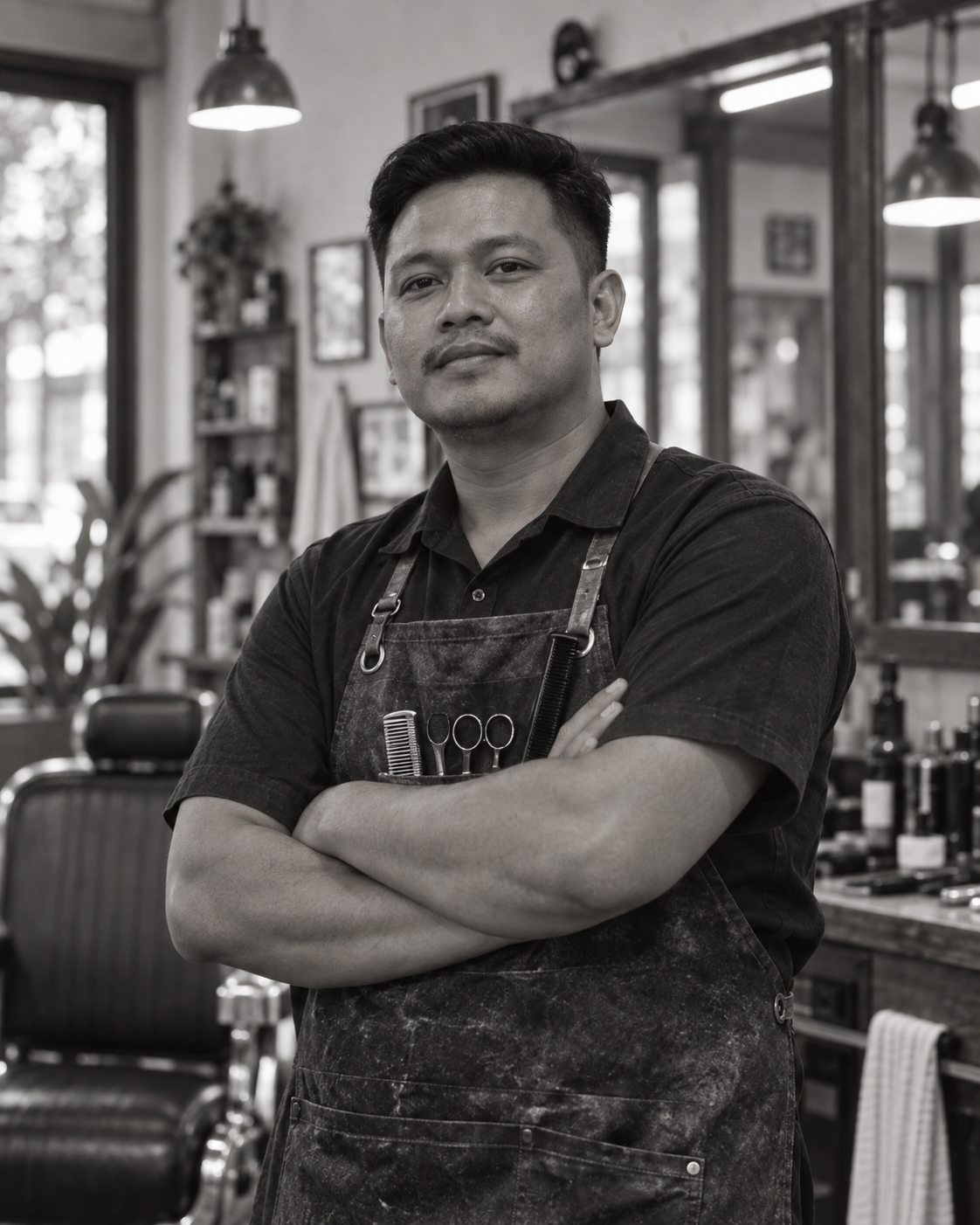 Potret Stas dengan rambut pendek, janggut tipis, dan apron gelap.