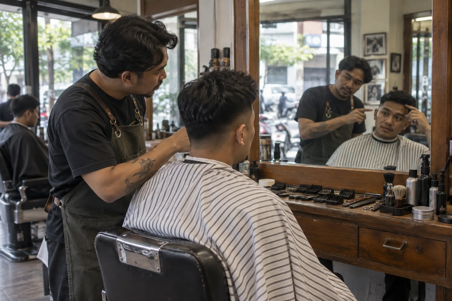 Barber dan klien melihat hasil potongan bersama di cermin.