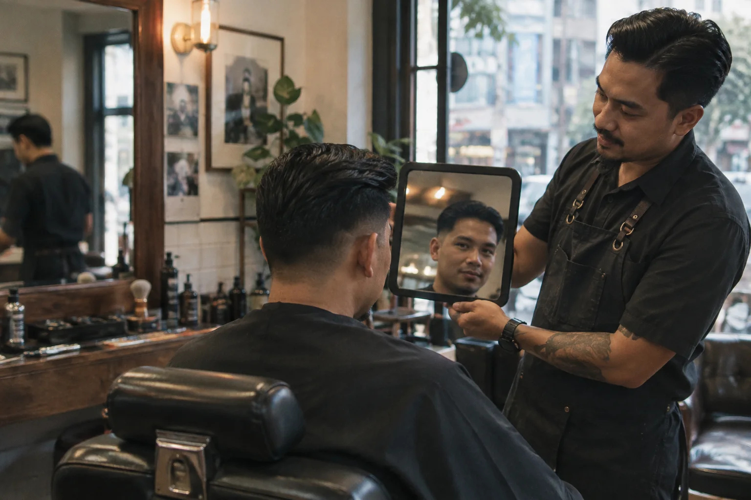 Barber menunjukkan hasil potongan kepada klien dengan cermin tangan.