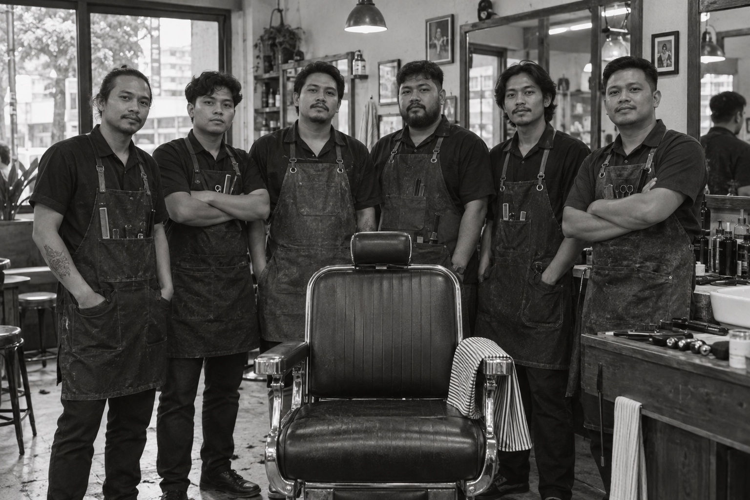 Kursi barber menghadap ke depan dengan enam barber berdiri di belakangnya.