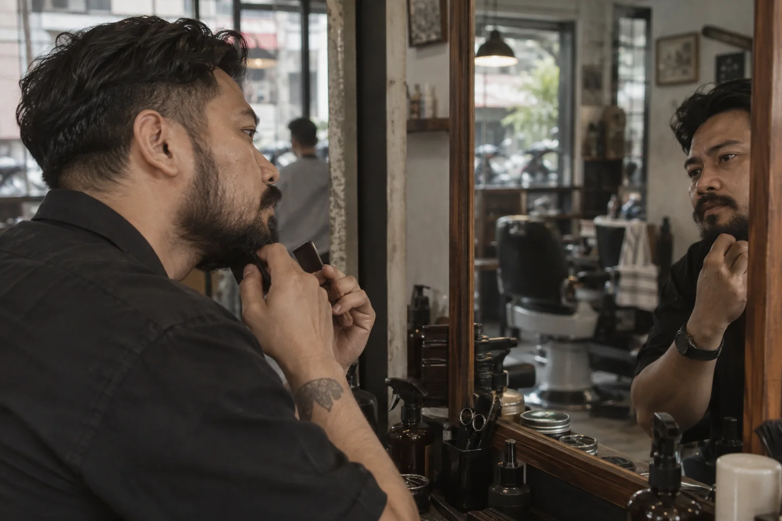 Pria menyisir janggutnya di depan cermin sebagai bagian dari rutinitas grooming.