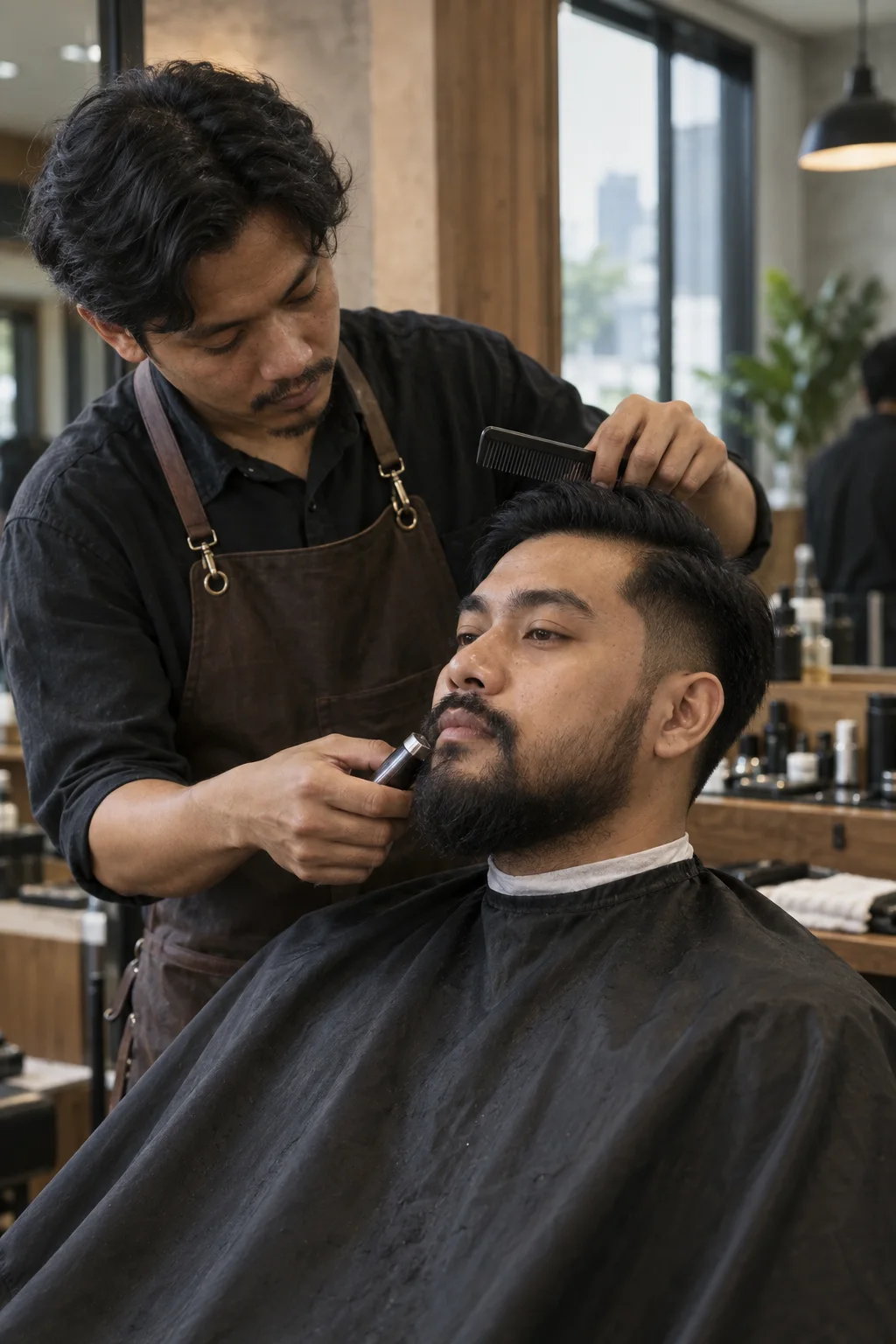 Barber menyisir rambut klien berjanggut saat perawatan di kursi barber.