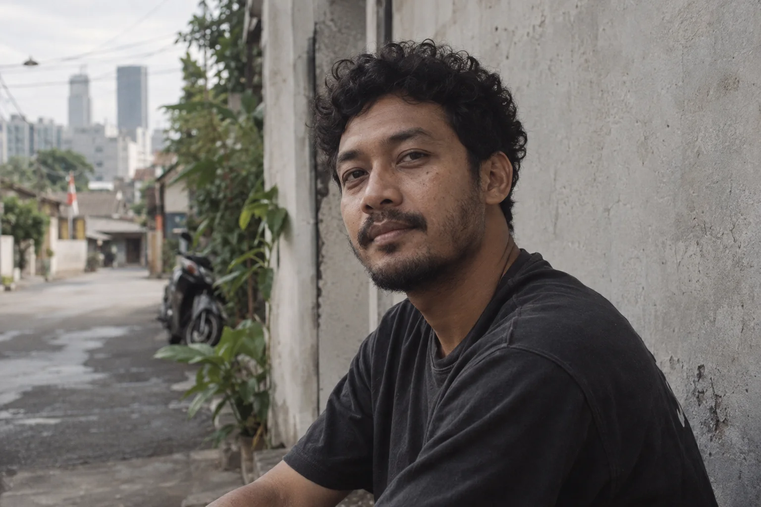 Potret pria dengan rambut ikal tebal dan tekstur alami.