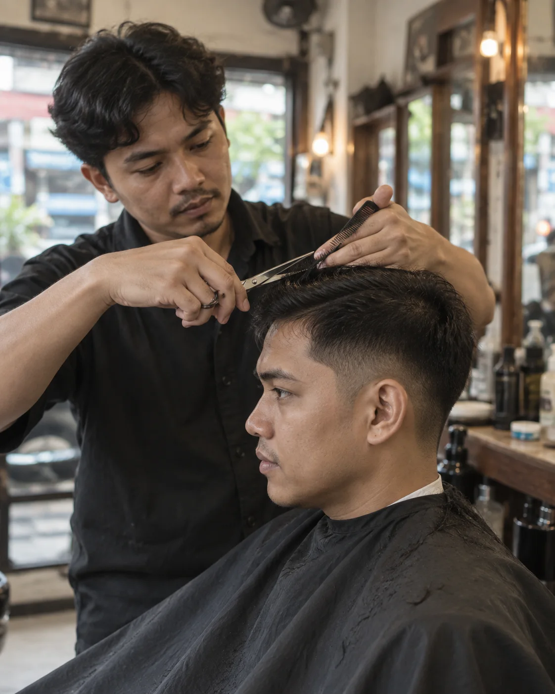 Barber memotong rambut menggunakan sisir dan gunting.