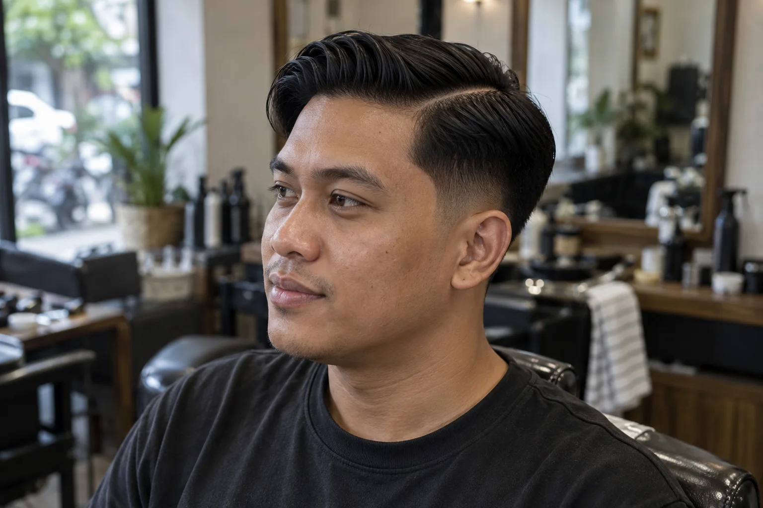 Hasil potongan rambut dengan belahan samping dan fade yang rapi.