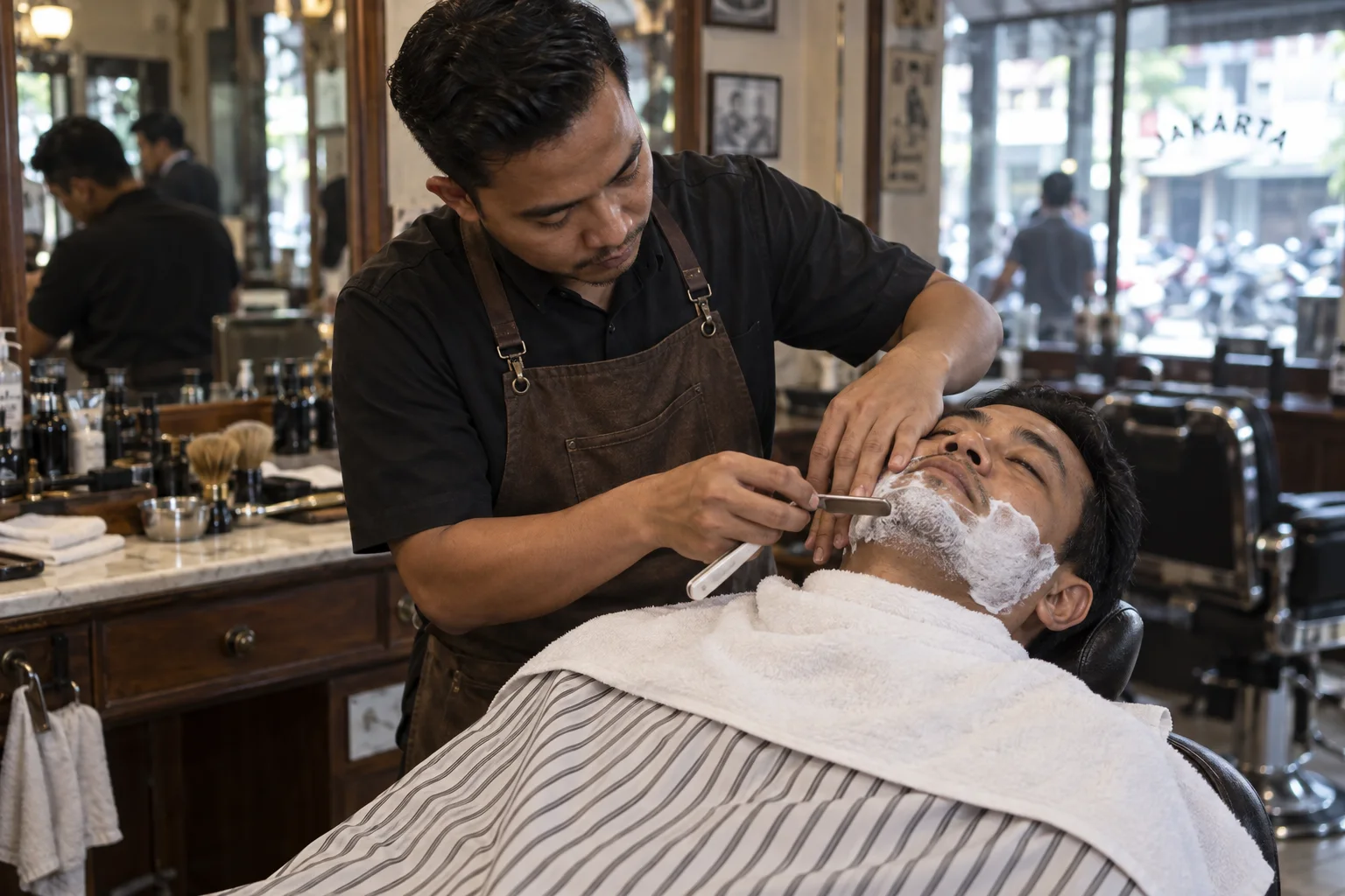 Barber merapikan janggut klien yang bersandar dengan handuk hangat di kepala.