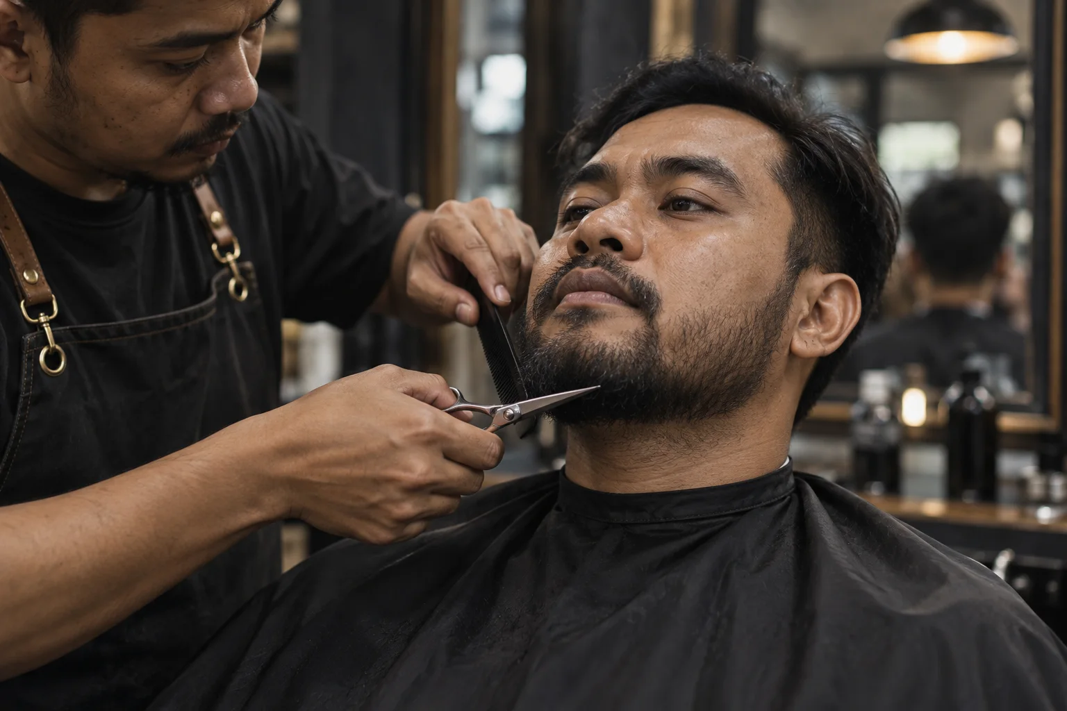 Barber memotong rambut anak yang duduk di kursi barber.