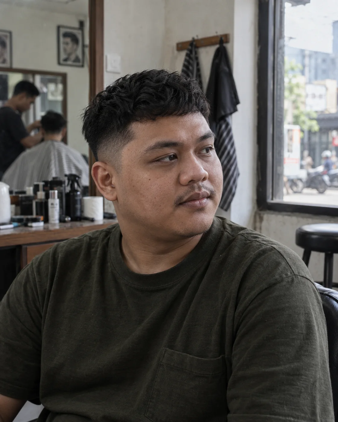 Potret rambut pendek bertekstur dengan sisi rapi.