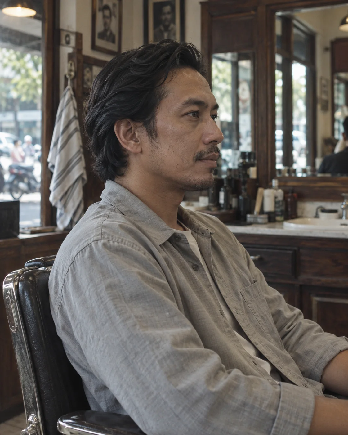 Profil rambut panjang sedang yang disisir rapi ke belakang.