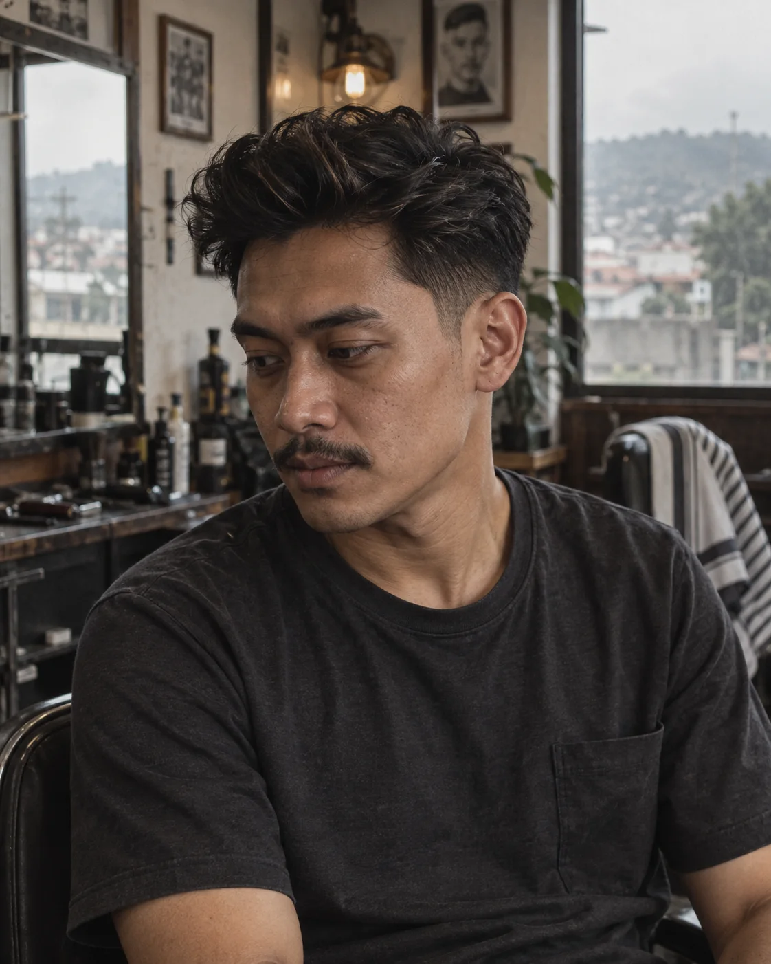 Close-up rambut dengan bagian depan ditata tinggi dan sisi yang dipotong pendek.