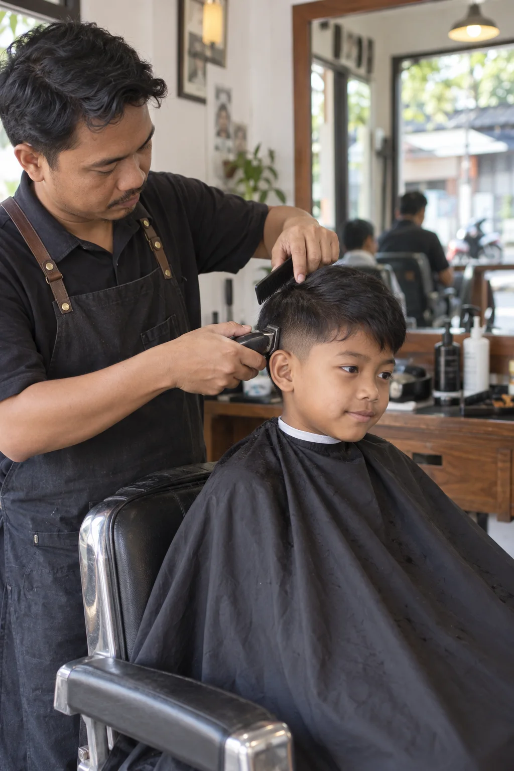 Barber merapikan garis janggut klien dengan gunting.